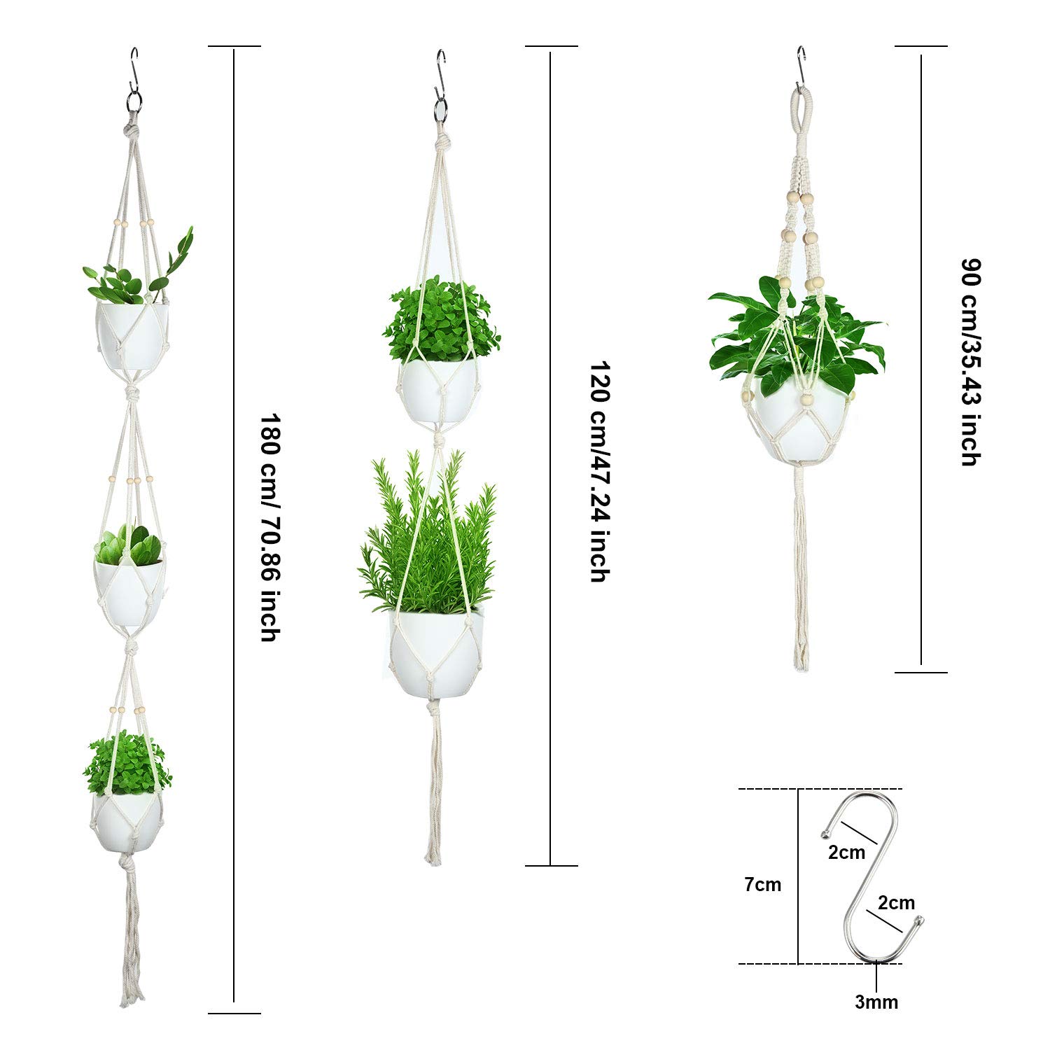 6 Pièces Cintres en Macramé avec 6 Crochets, Différents Niveaux, Set de Jardinières Suspendues en Corde de Coton à la Main Porte-Pots de Fleurs Support de Plantes Suspendues pour Décoration Boho