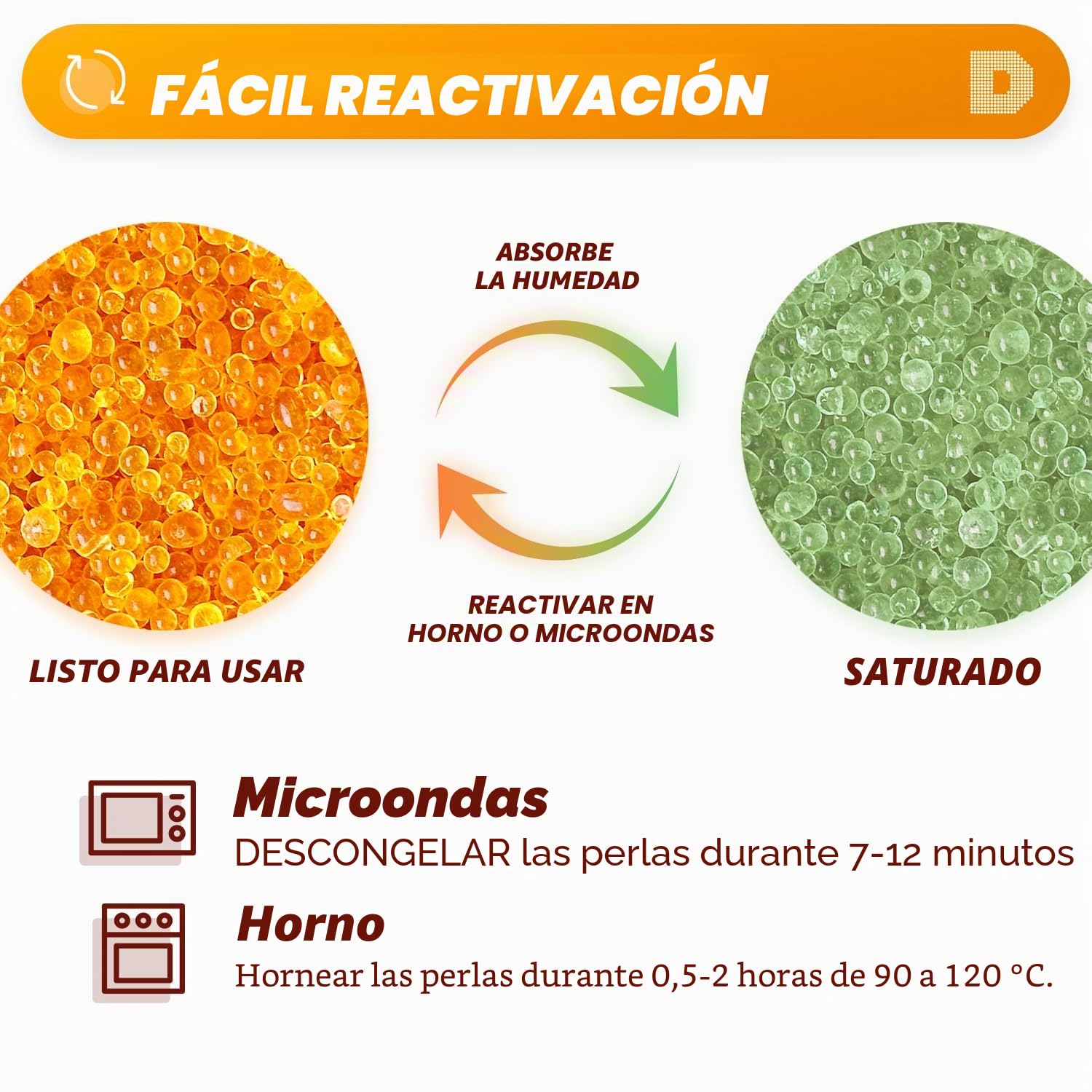 Dry&Dry - Perlas desecantes con indicación de absorción, de gel de sílice, de alta calidad, 900 g, naranja, reutilizables