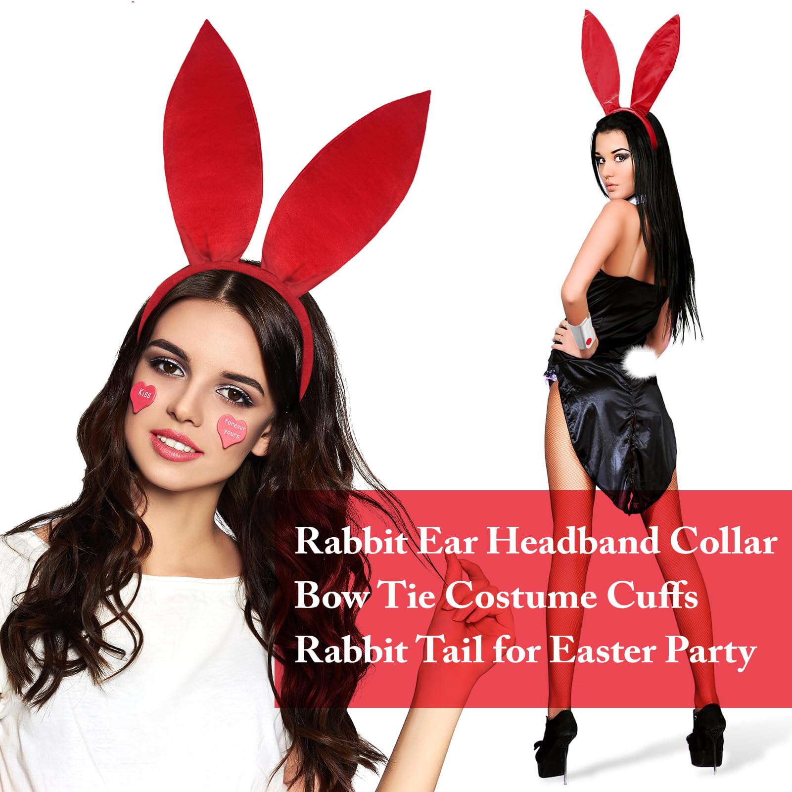 Women's Bunny Costume Set Rabbit Ear Headband Collar Bow Tie Costume Cuffs Rabbit Tail for Easter Party - Image 2