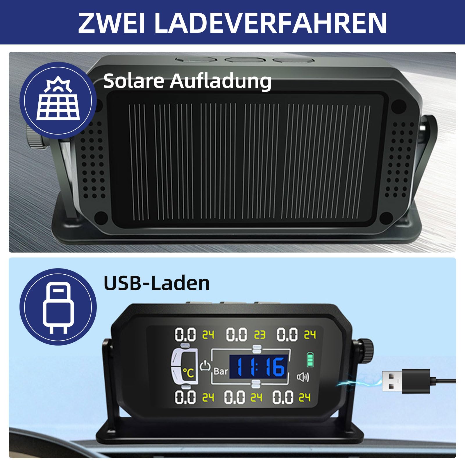 Reifendruckkontrollsystem, TPMS 6 Rad Modi, 8 /15 BAR, 116/217 PSI Max, mit 6 Externen Kupfer Reifendrucksensor, Vertikal/Hängend Montierbar, Solar USB Aufladung, für Busse, Wohnmobile, LKW (0-15 BAR)