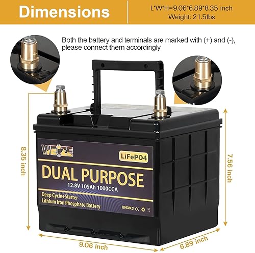 Miniatura 2 de WEIZE Batería LiFePO4 de doble propósito de 12 V 105 AH 1000CCA, batería de litio de arranque del grupo 31 más rendimiento de ciclo profundo, BMS