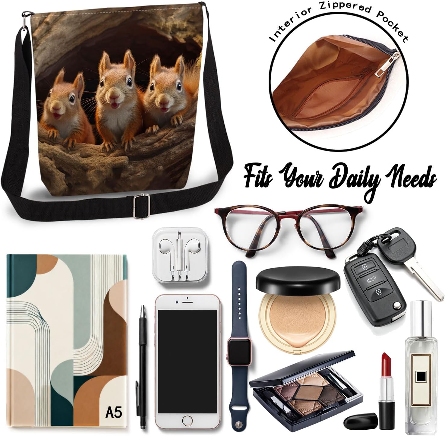Squirrel Print Canvas Crossbody Bag, Adjustable Strap Lightweight Purse with Top Zipper & Inner Pocket, Daily Shoulder Bag Gift for Women -1 - Image 6