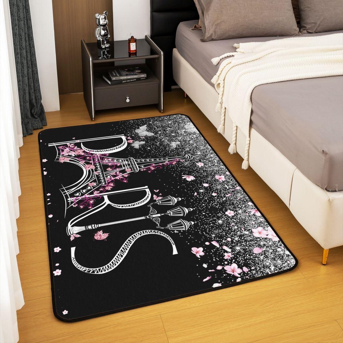Paris Living Room Rugs Silver Glitter Decorative Carpet France Eiffel Tower Area Rug Girls Pink Floral Paris Decor for Bedroom Romantic Valentines Indoor Floor Mat Room Decor Area Rug 5x7 (No Glitter)