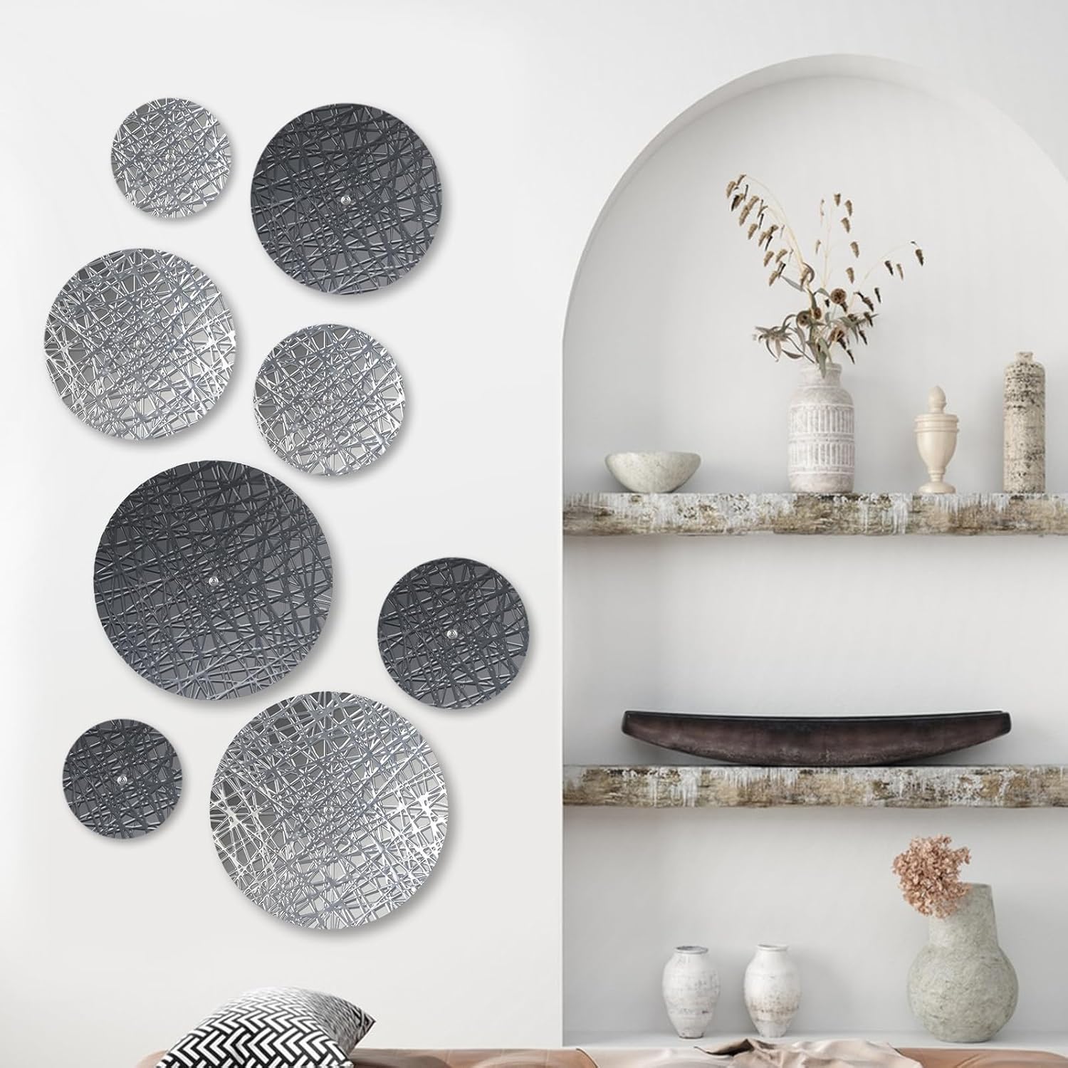 DETENE Set of 8 Metal Wall Hanging Sculptures Large Modern Round Wall art Silver and Grey Wall Decor for Living Room Bedroom Dining Room Wall Decor
