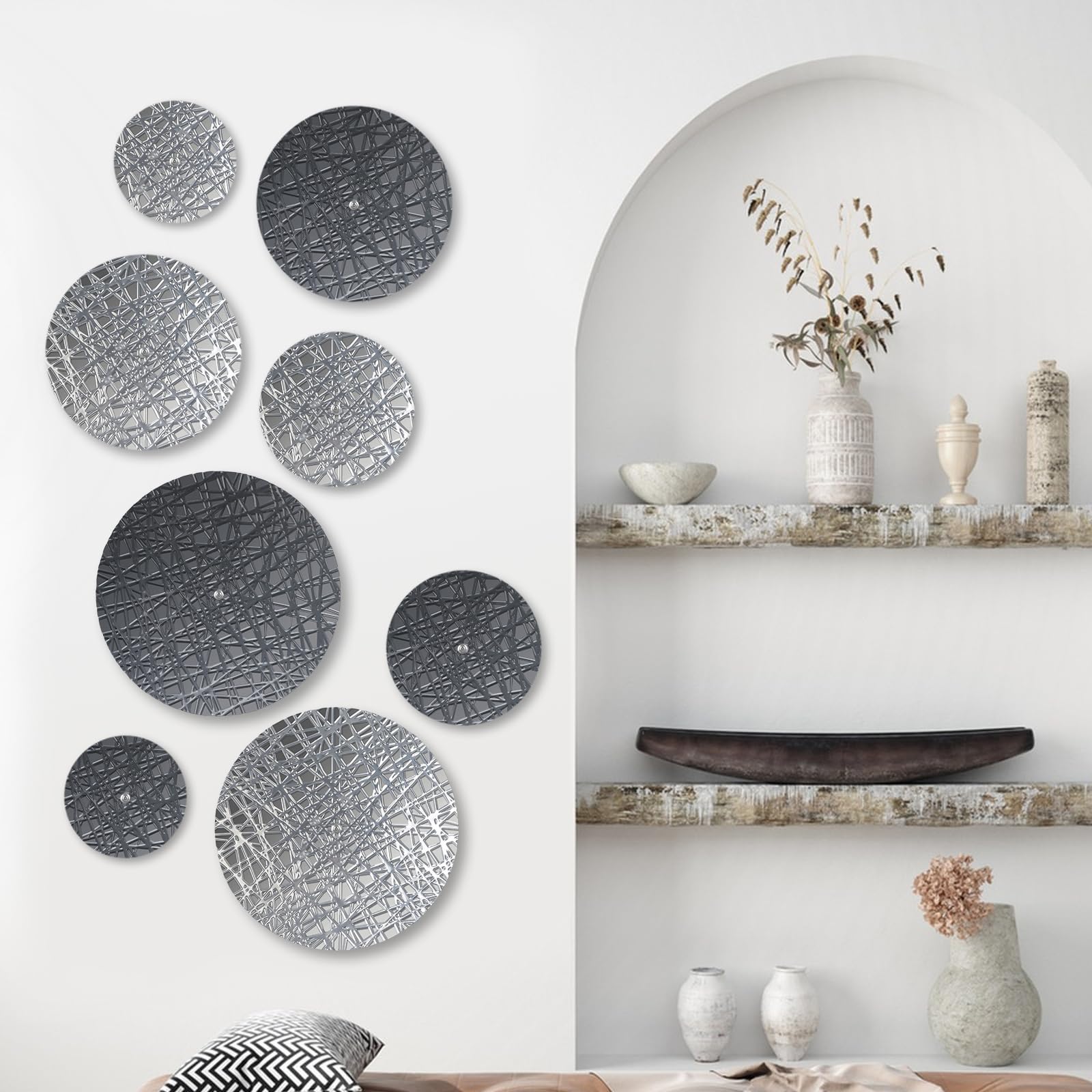 DETENE pared redonda metal Decoración,pared boho Metal redondo | 8 piezas con 4 tamaños, plateado y azul, esculturas colgantes modernas para salón, oficina, apartamento, baño