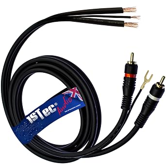 1.5m Twin Red + White Moulded RCA Plugs to Bare Wire Ends for Vinyl Player Shielded OFC + Earth Conductors stops Hum Humming Buzz Buzzing Feedback Noise from Amp - HiFi speakers 1.5 Metre