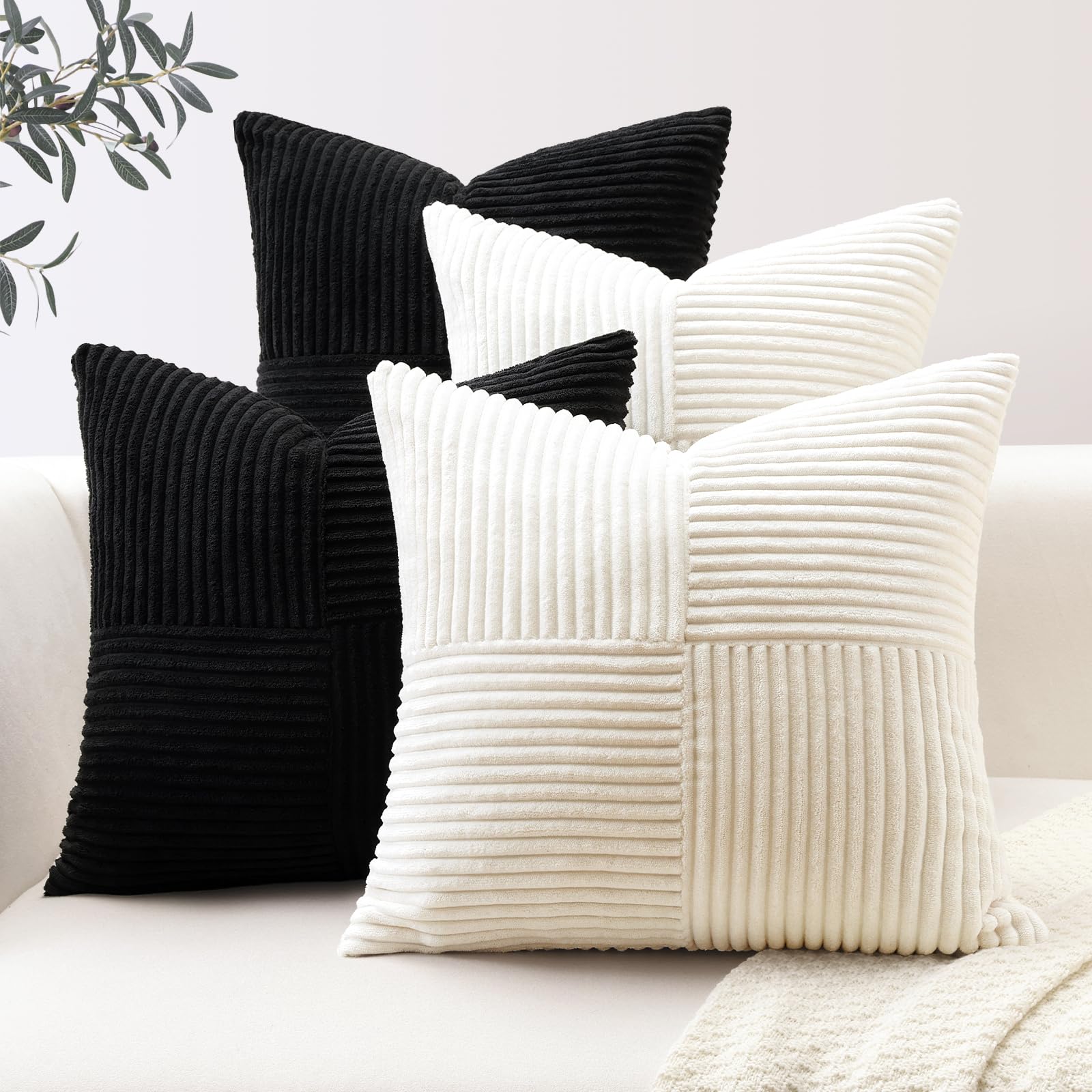 OTOSTAR Set of 4 Decorative Throw Pillow Covers 18x18 Inch Striped Corduroy Square Pillow Cases with Invisible Zipper for Couch Sofa Living Room Bedroom Black Cream White Mix and Match Home Decor