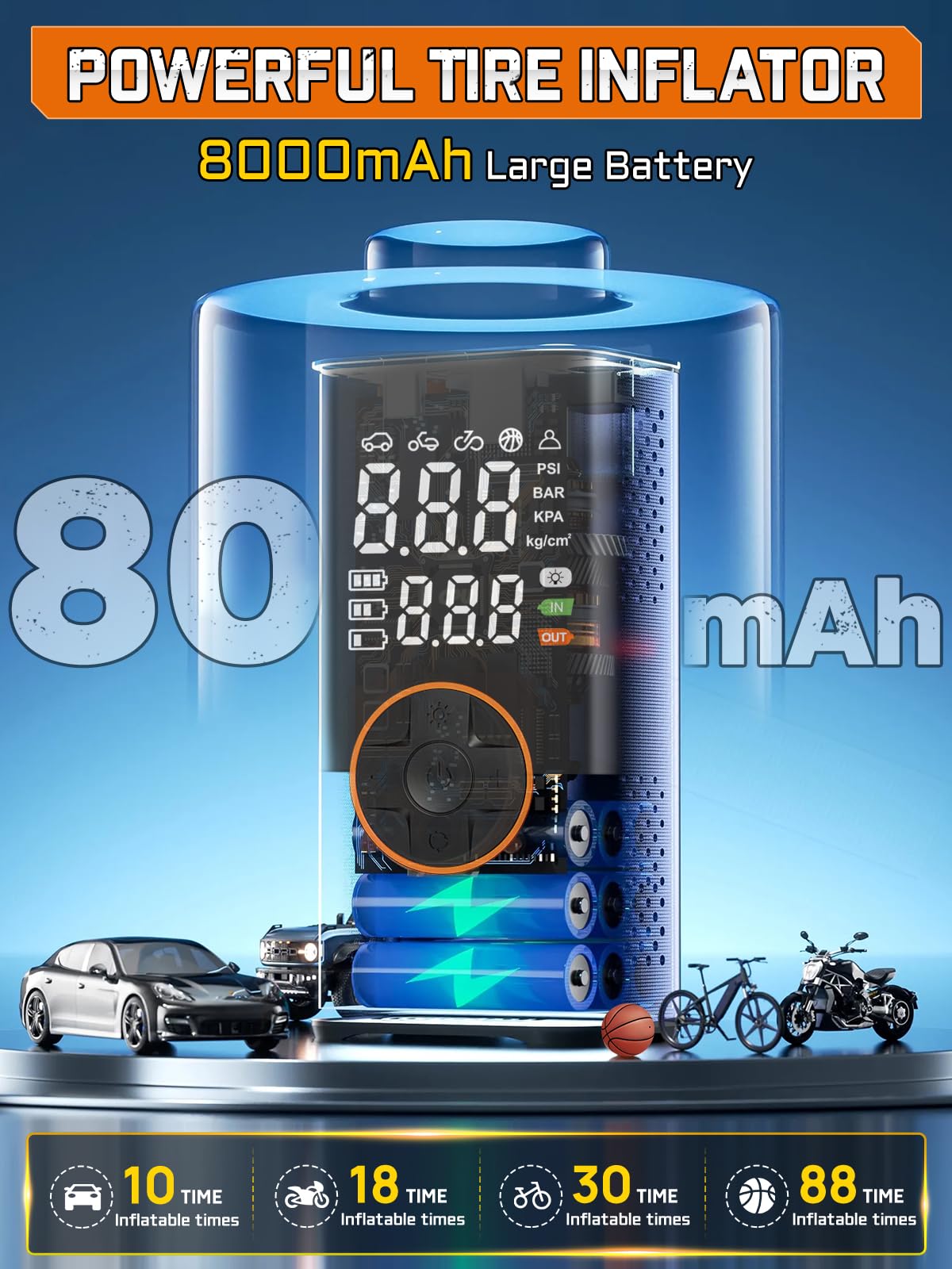 BIBURY 8000mAh Gonfleur Pneus Voiture, Compresseur à Air Portatif, 150 PSI Pompe a Velo, Gonfleur Électrique avec Écran LED et Torche LED, Charge Type-C, Compresseur Voiture pour Vélo, Voiture, Moto