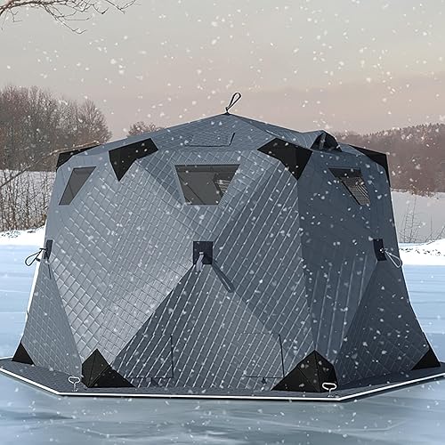 Miniatura 10 de Refugio portátil de pesca en hielo para 3 a 8 personas, tienda de campaña de pesca en hielo con aislamiento hexagonal con bolsa de transporte