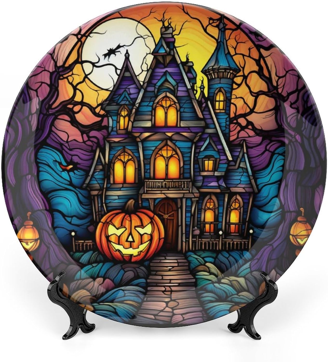 Decorative Plates for Home Decor, Halloween Haunted House Stained Glass Print Decor Tray for Table Display, Ceramic Dinner Plate W/ Stand, Living Room Dining Room Decor, Gifts for Halloween, 7 Inch