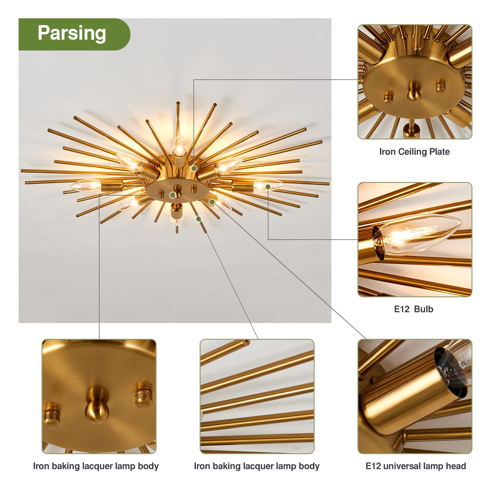 SZXYKEJI Gold Flush Mount Ceiling Light Fixture Modern 8 Light