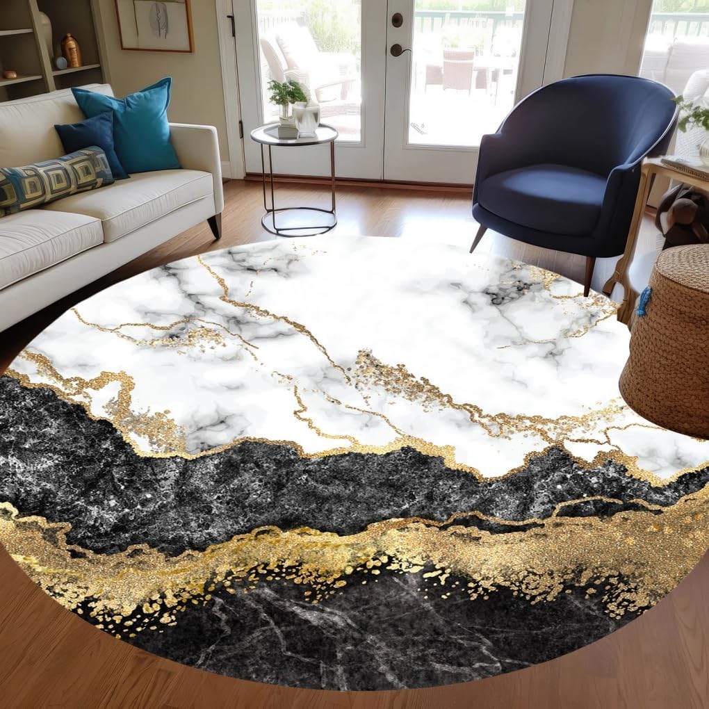 Black Grey Gold Marble Abstract Round Area Rug for Livingroom Bedroom Diningroom Modern Aesthetic Circular Office Dorm Meetingroom Carpets Washable No