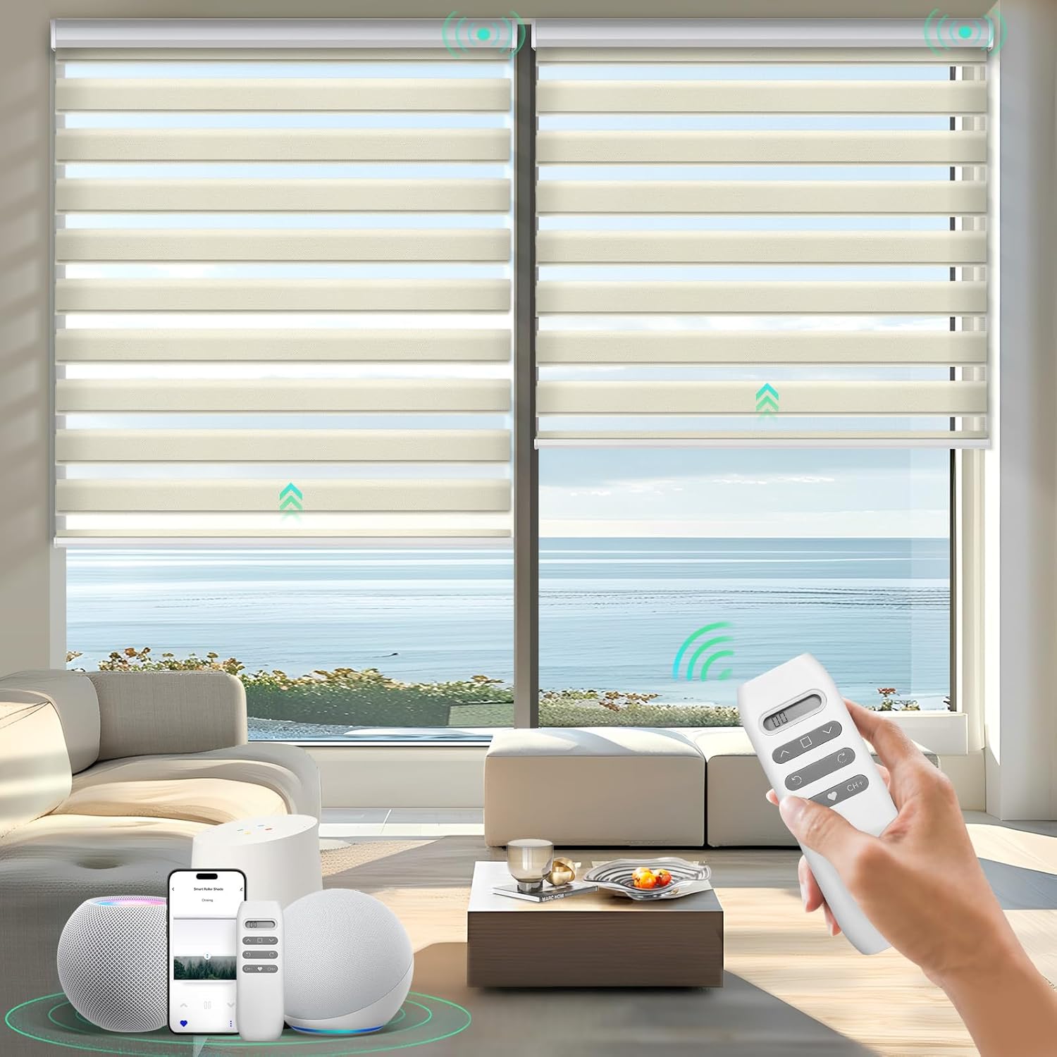 HeyBlinds Motorized Zebra Blinds with Remote, Smart Cordless Electric Zebra Shades for Indoor Windows Compatible with Alexa Google & Homekit, Custom Size (Simple-White LF)