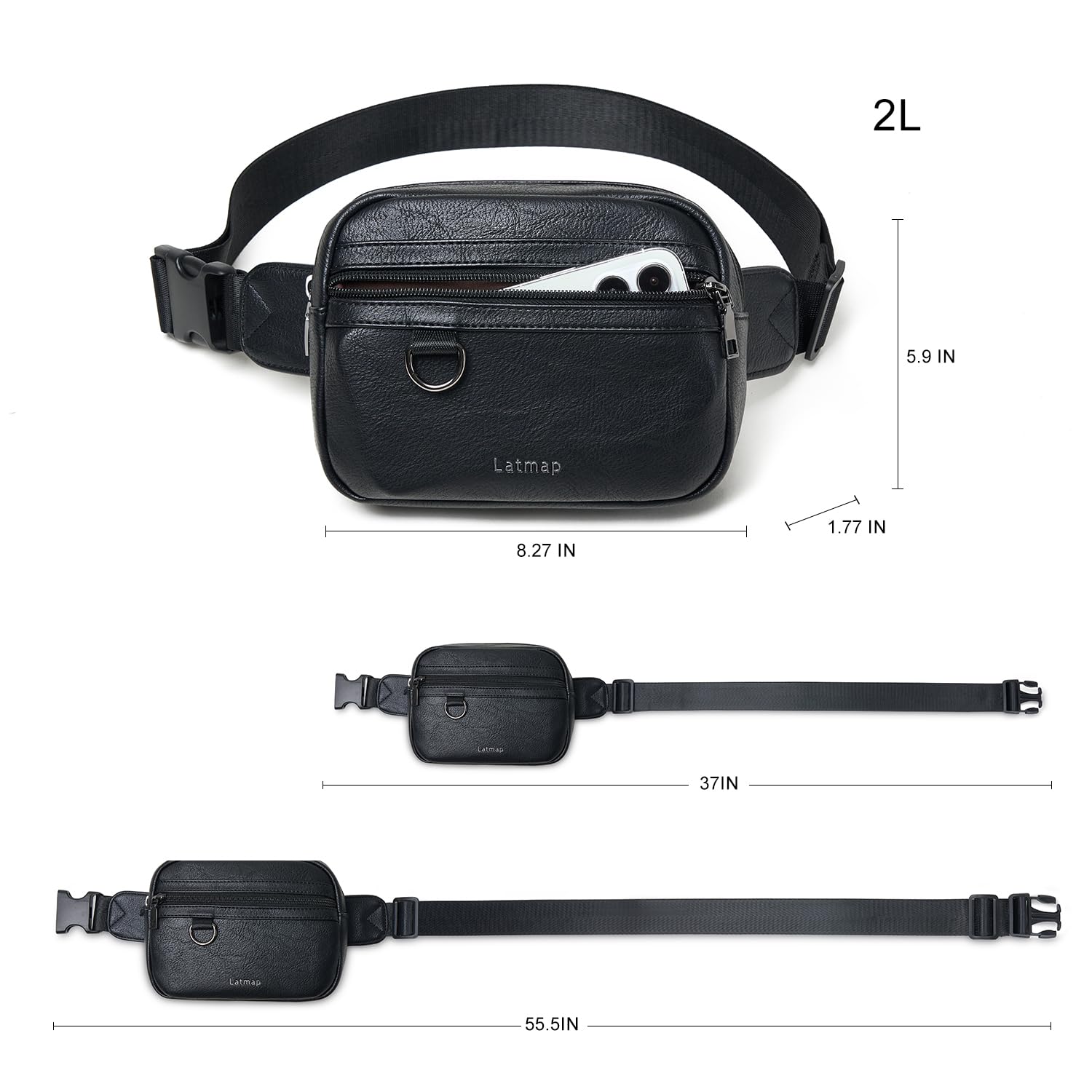 LATMAP 3L Marsupio Donna Tracolla Sportivo Grande Impermeabile in Pelle PU Elegante con Borsa Zip e Cintura Regolabile per Viaggio, Outdoor, Trekking