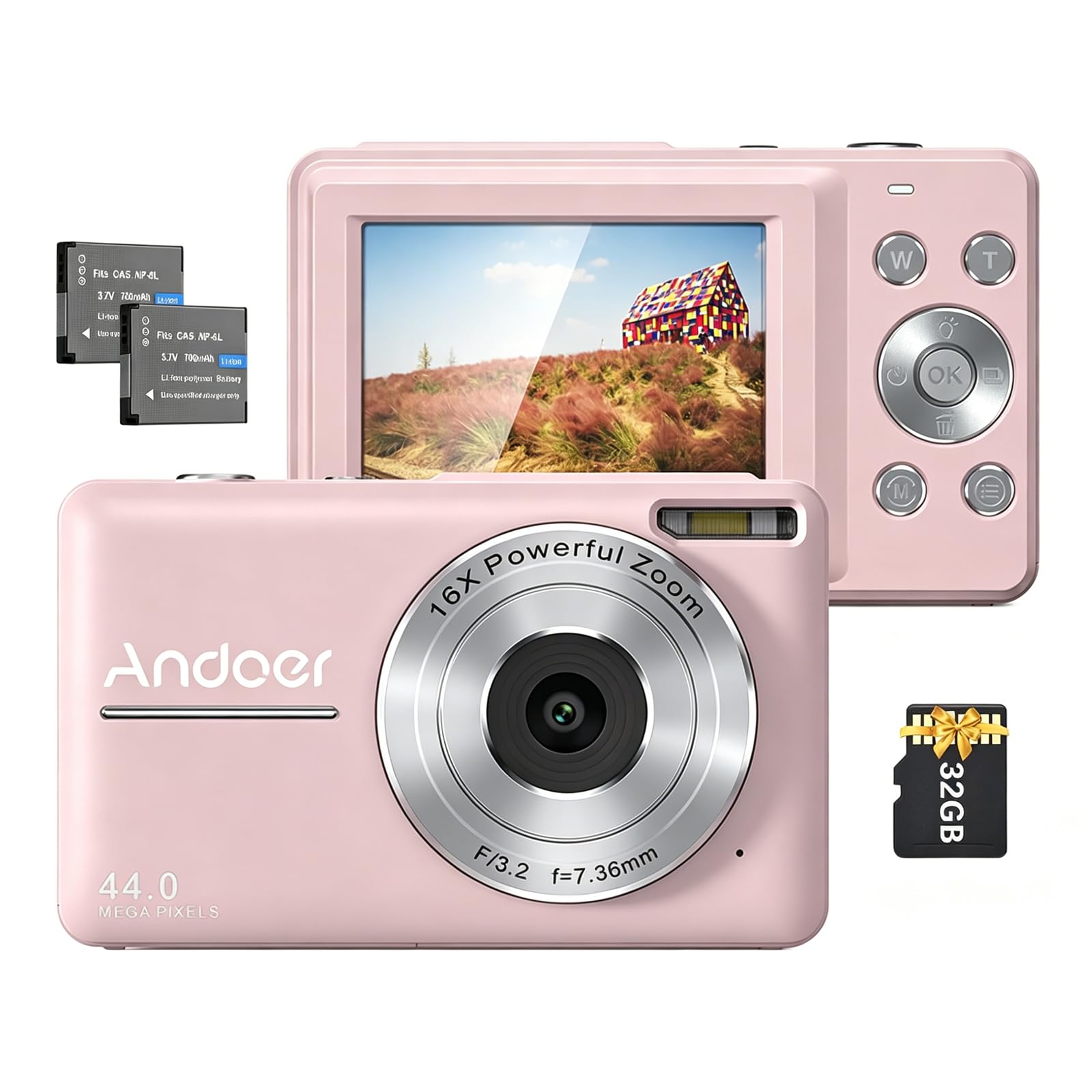 Andoer Fotocamera digitale con 2 batterie ricaricabili,memoria da 32 GB 1080P 44 M HD Zoom digitale 16X Anti-shake Messa a fuoco automatica Schermo IPS 2.5 Schermo LCD Sorriso per Bambini,rosa chiaro