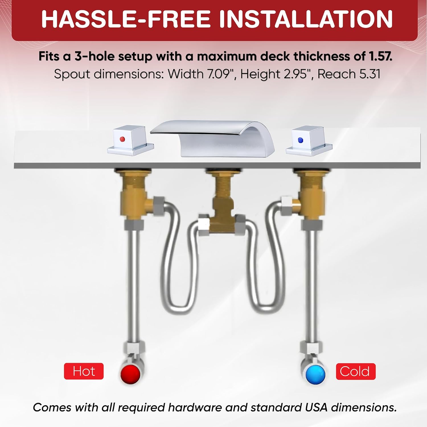 Roman Tub Faucet | Waterfall Tub Filler | Deck Mount Brass Faucet | 3-Hole with 2 Handles | High Flow, Anti-Corrosion, Modern Design