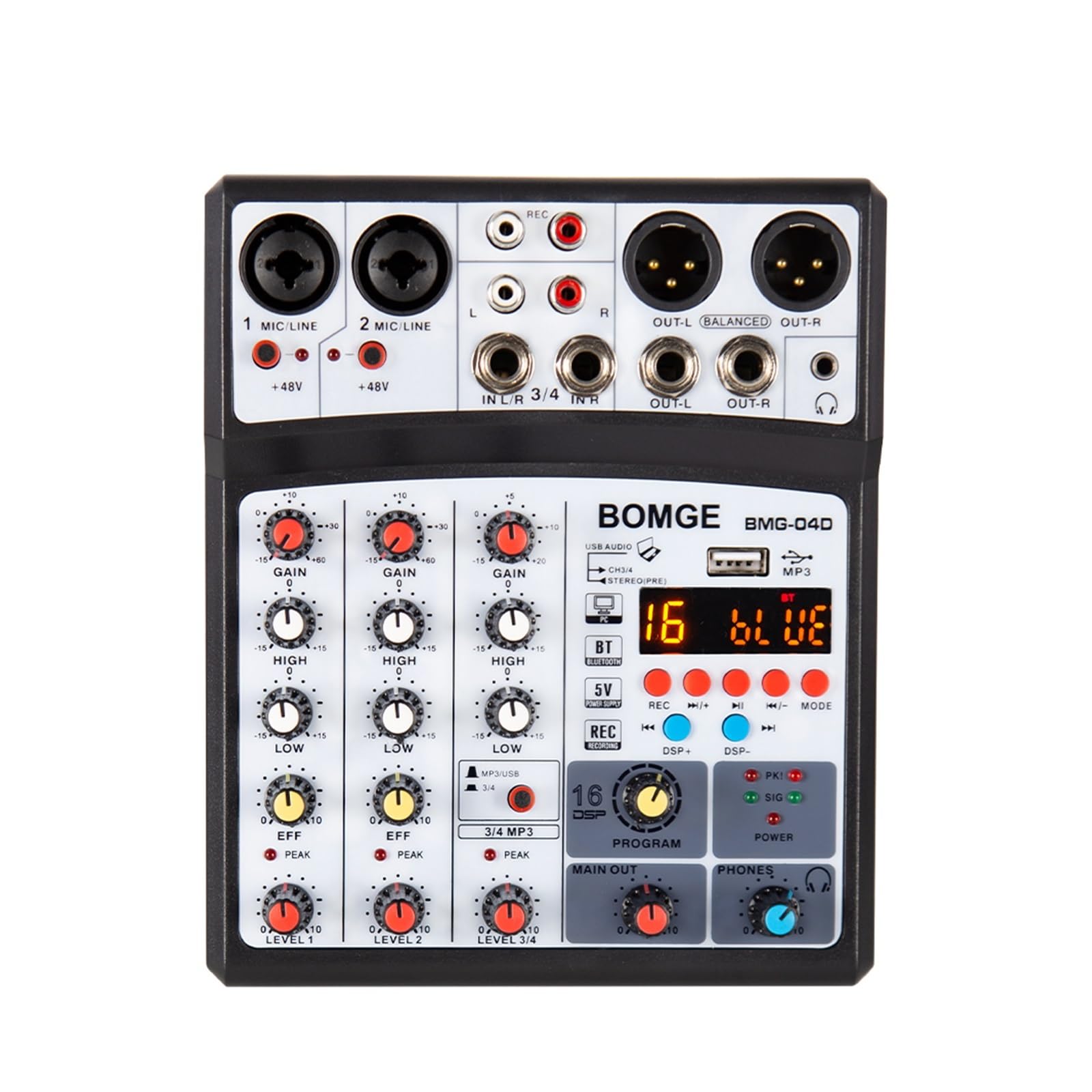 Mikser DJ-ski, 4-kanałowy 16-kanałowy interfejs miksera dźwięku DSP Echo dj z nagrywaniem MP3 USB Bluetooth Stereo(Silver)