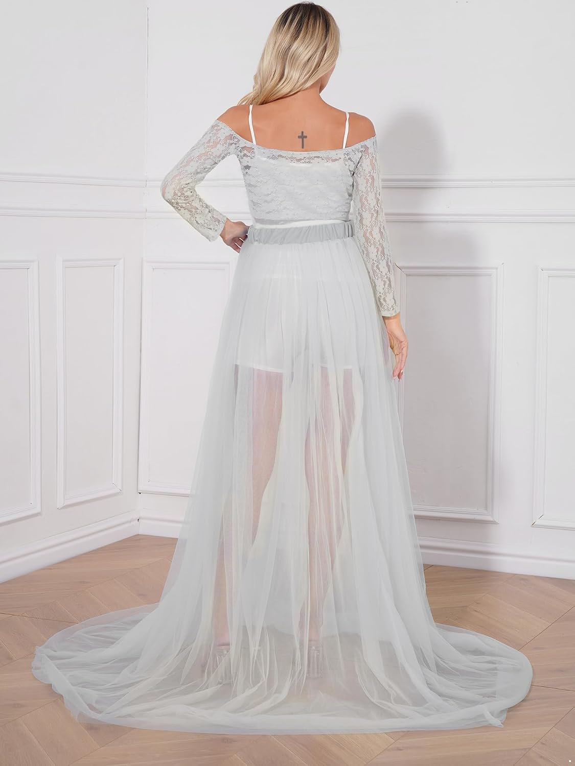 ACSUSS Women' Maternity Photography Skirt Set Long Sleeve Lace Crop Top Maxi Tulle Skirt for Baby Shower