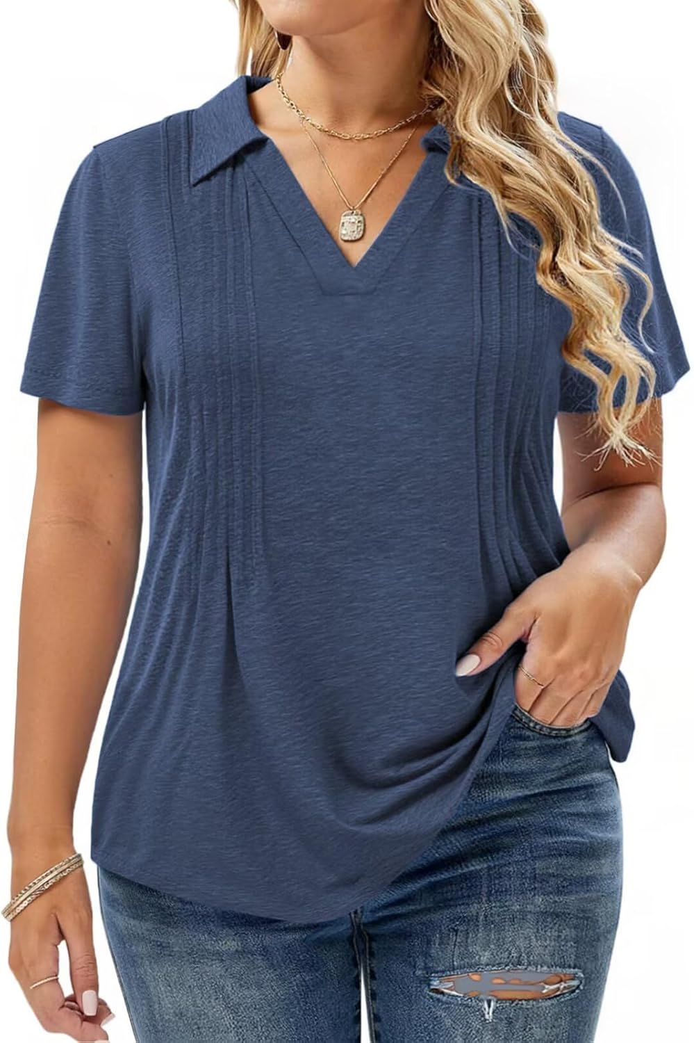 Plus-Size-Summer-Tops for Women Casual Collared V Neck Polo Shirts Business Pleated Tunics Trendy Short Sleeve Blouses
