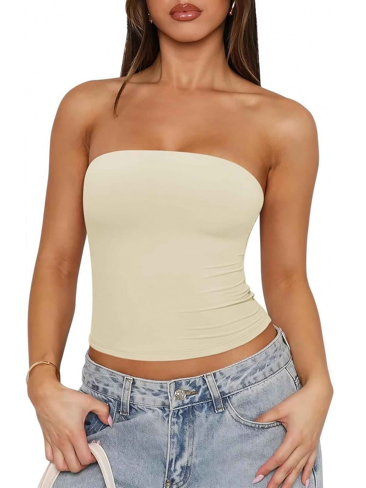 REORIA Women's Strapless Tube Tops Double Lined Non-Slip Y2K Crop Tank Top Built-in Silicone Gripper,Non-see-through,Lightweight Buttery Soft High Stretchy Bandeau Crops for Summer Layering Going Out