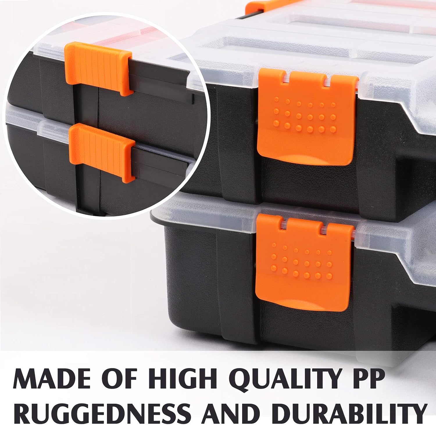 MIXPOWER 15-inch 2pcs Toolbox Organizer Sets, 20 Removable Dividers, Durable Plastic Box, Excellent for Screws, Nuts, Small Parts, 34-Compartment Black/Orange 2 Pieces Set - Image 4