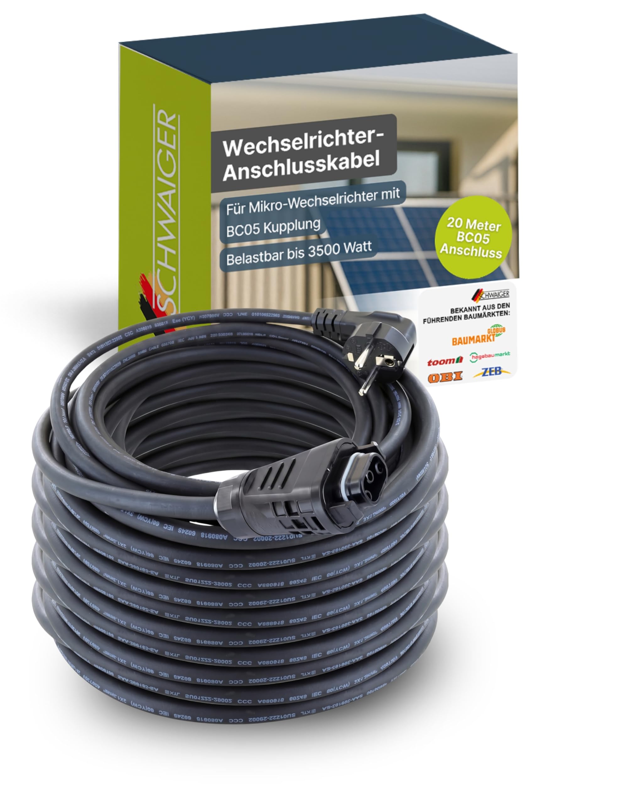 SCHWAIGER Wechselrichter-Anschlusskabel 20m I Solarkabel mit Betteri BC05 Kupplung I Robustes H07RN-F Balkonkraftwerk Anschlusskabel bis 3500 W I Wetterfester Schutzkontaktstecker Typ F I Schwarz