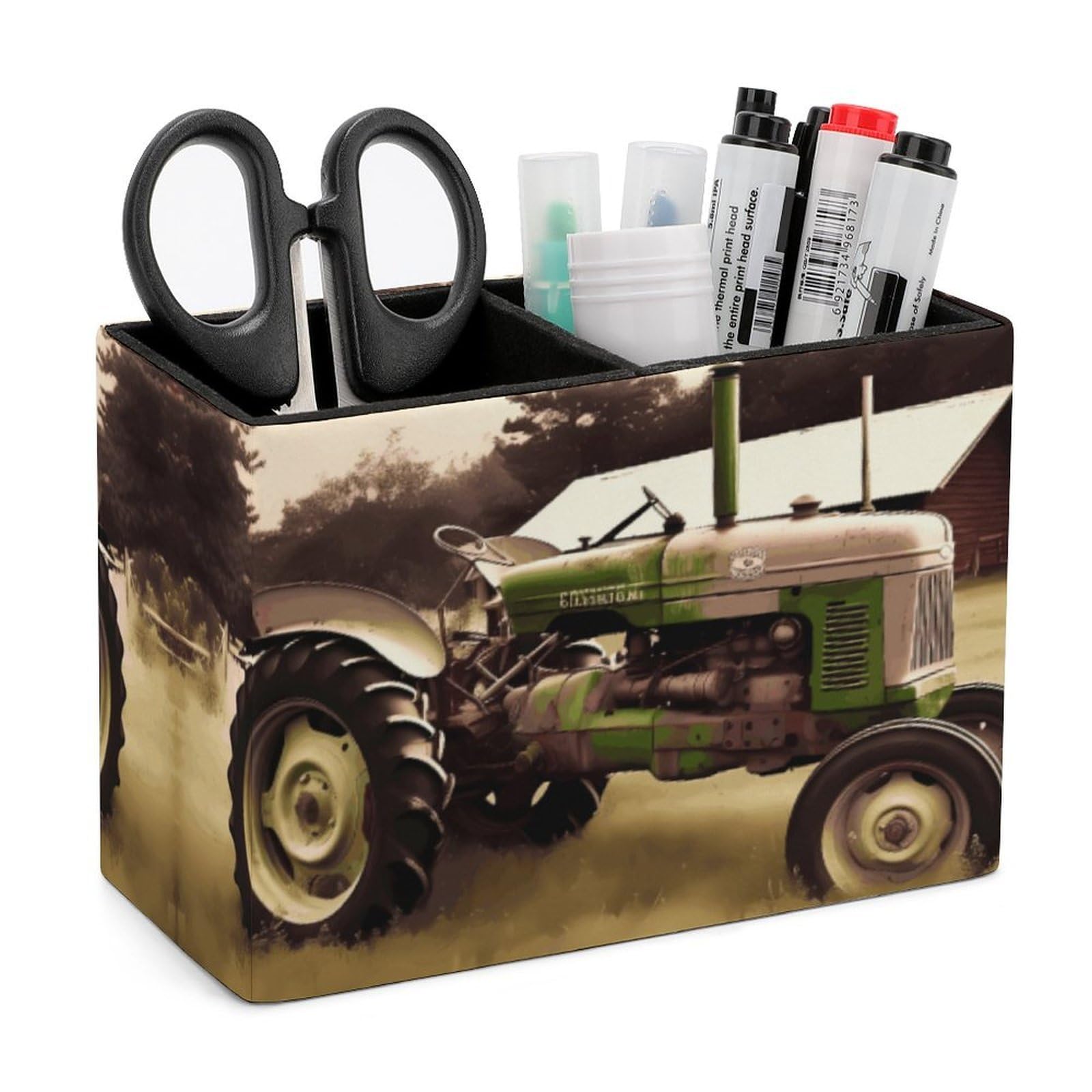 LZQPOEAS Exquisite Patterns PU Leather Pen Holder, Multifunctional Desktop Organizer Caddy with 2 Compartments, Old Tractor Photo Farm Pencil Cup Makeup Brush Holder for Office Home