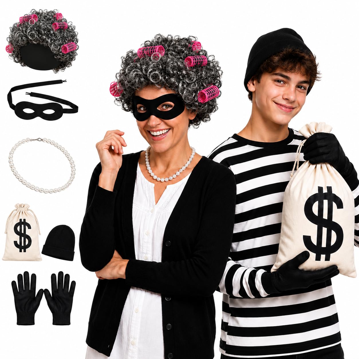 Skknuny Gangster Granny Costume Set, World Book Day Costumes for Adults Grey Wig Robber Eye Mask Swag Bag for Halloween (Granny Gangsta C)