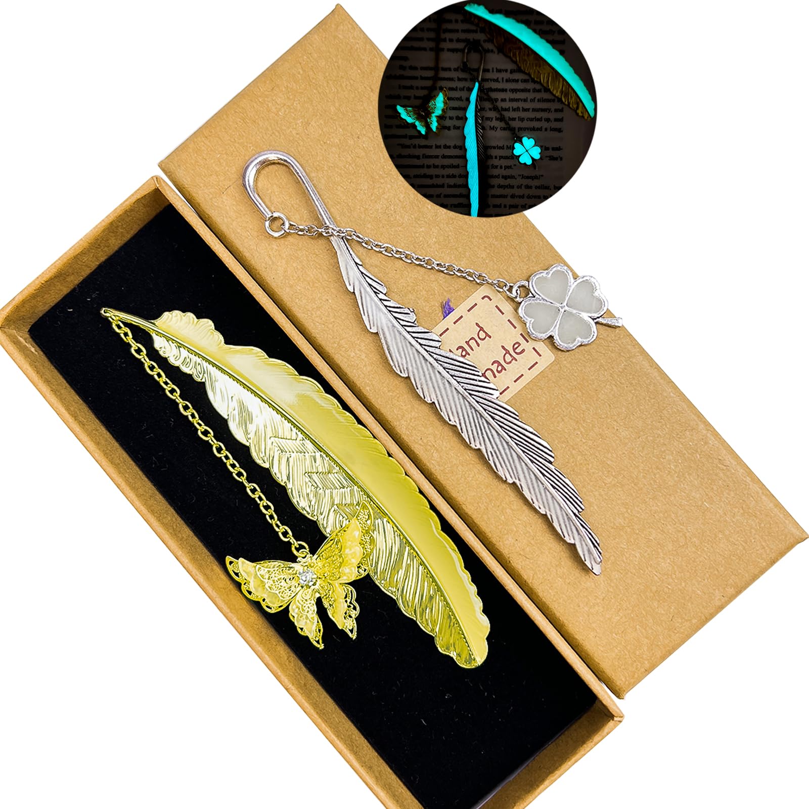 Orvilsen 2 piezas marca pluma original fluorescencia, marcapáginas de metal con mariposa 3D y trébol, regalo maestro de escuela fin de año para mujer, novia, mamá abuela