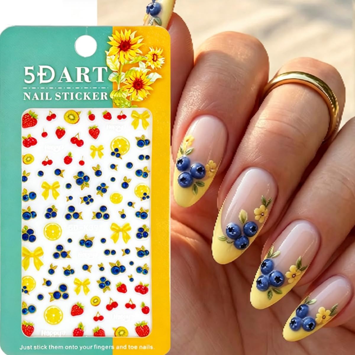 Summer Fruit Nail Art Stickers Blueberry Nail Decals 5D Embossed Self-Adhesive Strawberry Blueberry Lemon Kiwifruit Bow Nails Design 2PCS Summer Fruit Nail Art Supplies for Women Nail Decoration