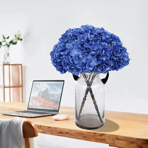 Miniatura 7 de Jim's Cabin Flores artificiales de hortensias de seda con 5 cabezas grandes, ramo de flores falsas para decoración del hogar, boda, fiesta,