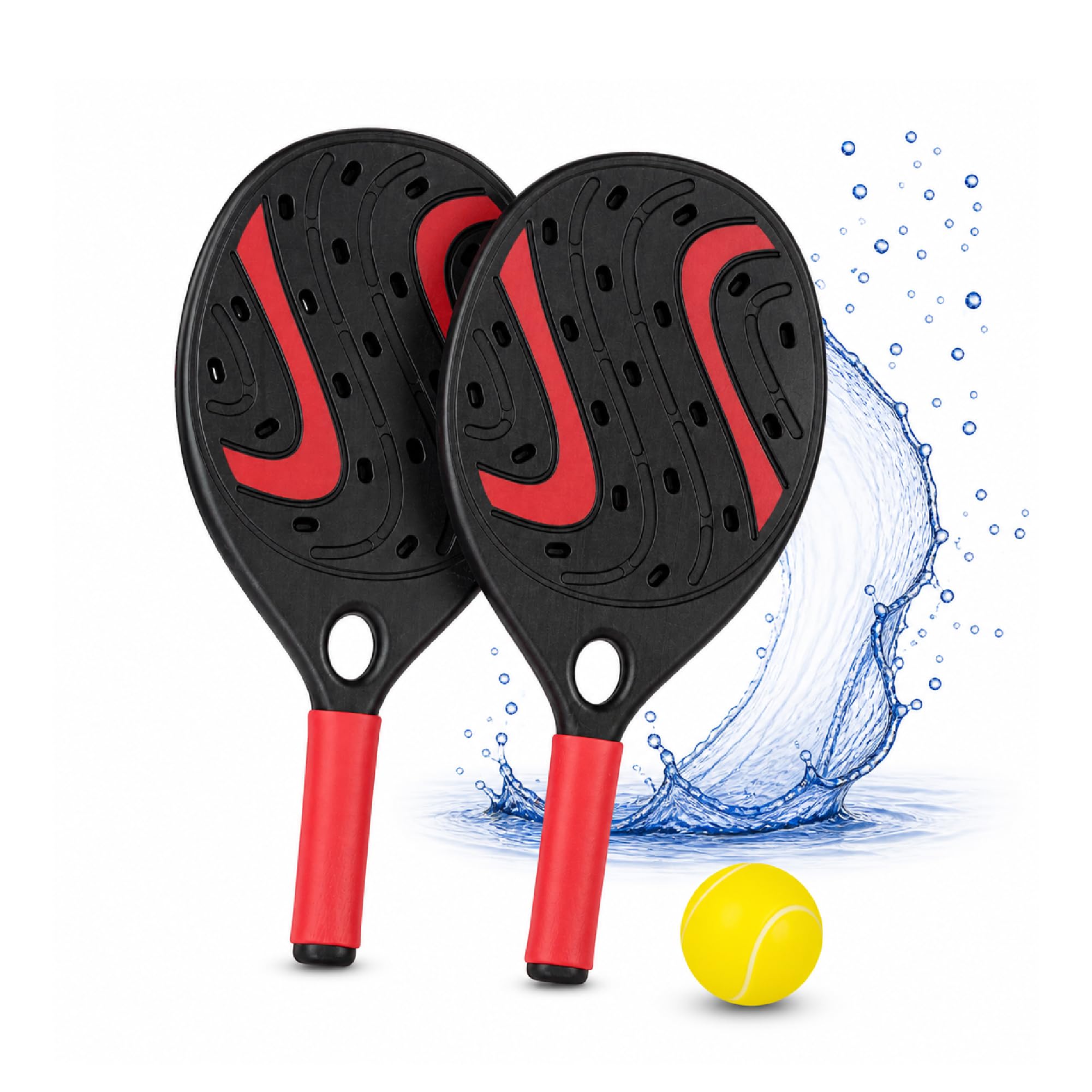 Wasserdichte Strandschläger, Set mit 2 Schlägern mit Ball zum Spielen am Strand, Pool oder Camping, Spaß für Kinder und Erwachsene (schwarz-rot)