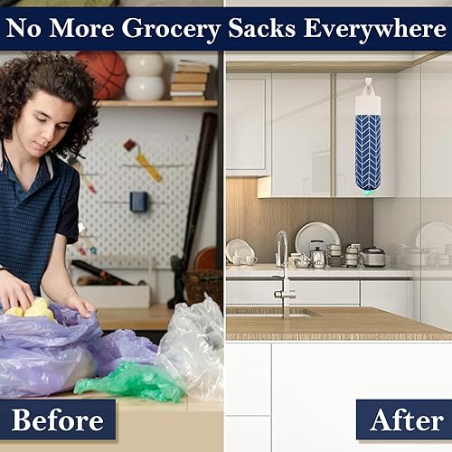Miniatura 6 de Dispensador de bolsas de comestibles de lona, organizador de almacenamiento de bolsas de basura para compras de montaje en pared (azul clásico)