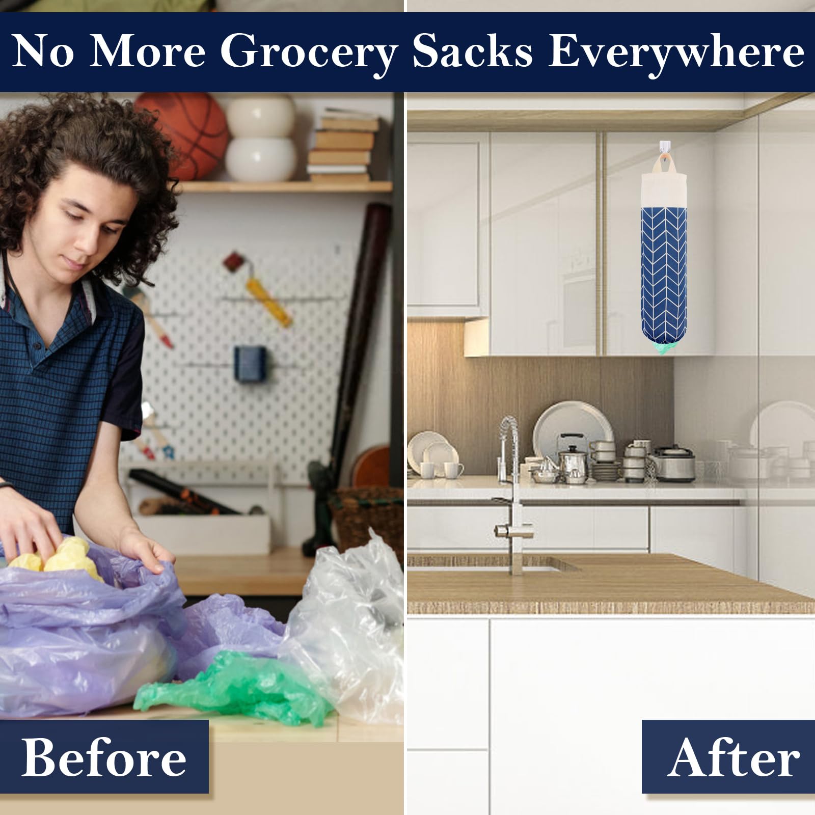 Soporte para bolsas de plástico, dispensador de bolsas de comestibles de lona, organizador de almacenamiento de bolsas de basura para el hogar y la cocina (azul clásico)