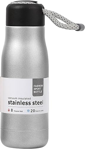 Botella de agua pequeña de 12 onzas, botella de agua aislada de acero inoxidable, tapa portátil de boca ancha, color plateado