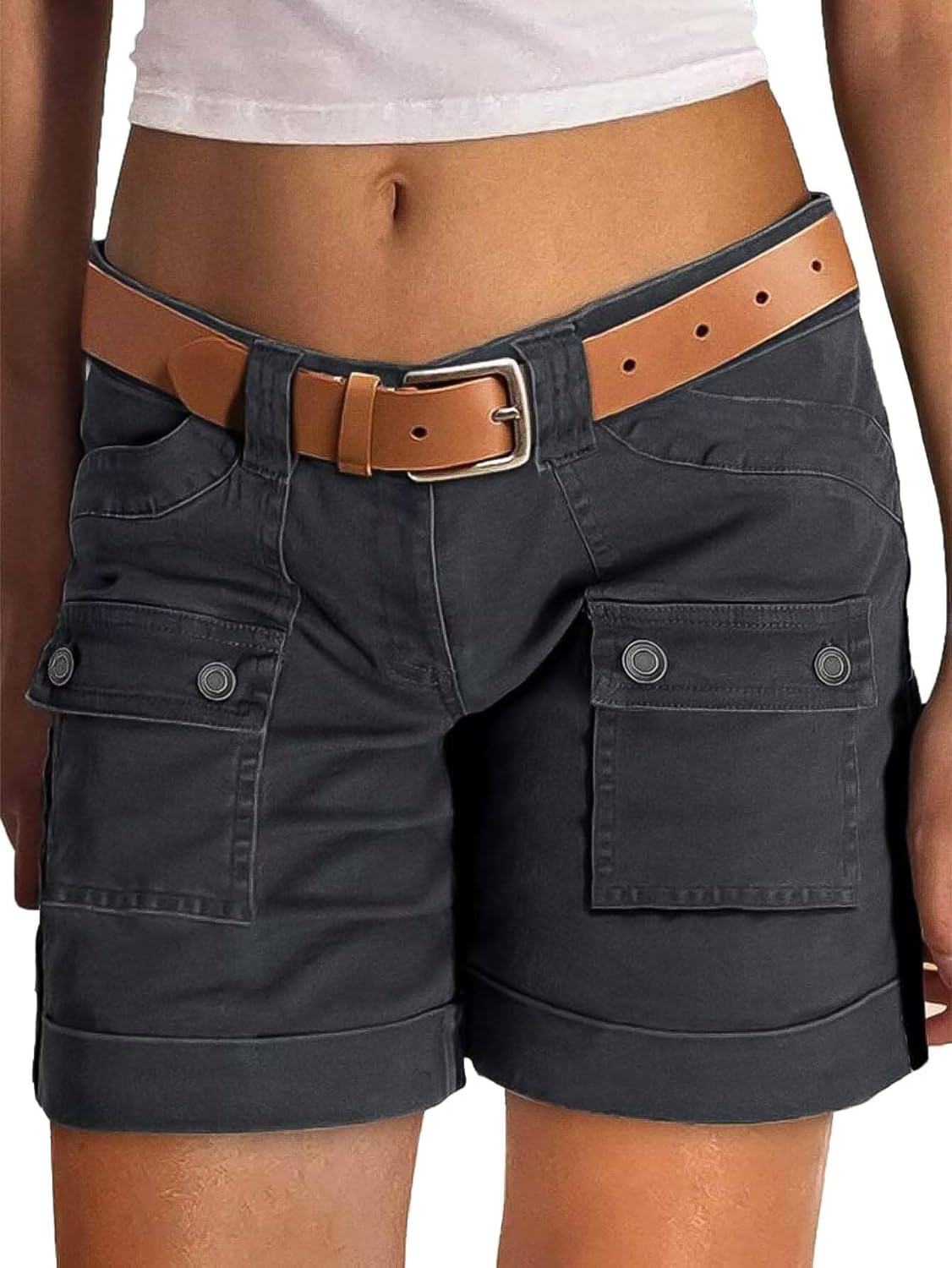 Flamingals Women’s Low Waist Cargo Shorts Casual Summer Fashion Trendy Roll Hem Shorts with Flat Pocket