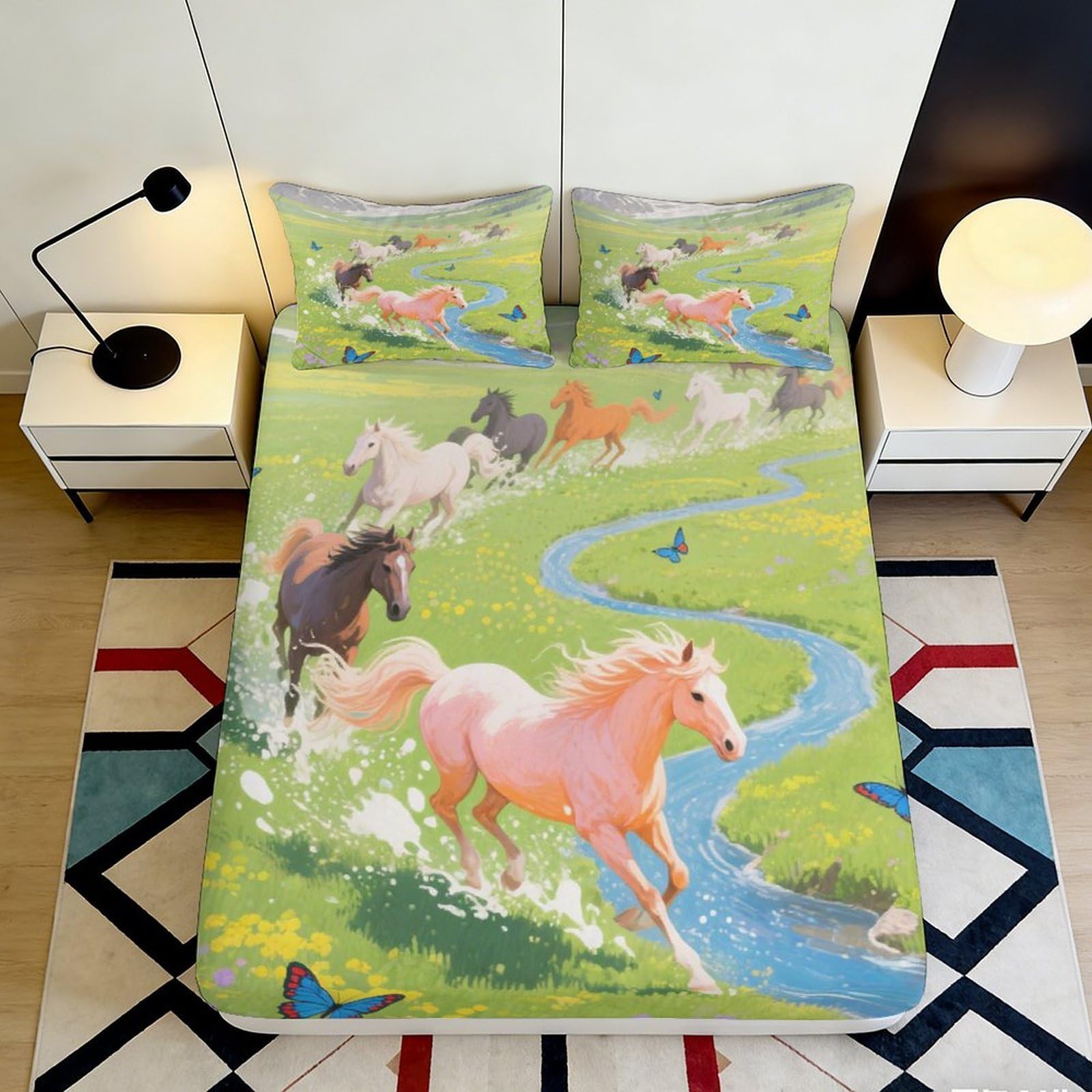 3D Printed Pastoral Horse Fitted Sheet Microfiber Deep Pocket Non-Slip Equestrian Mattress Fitted Cover for Bedroom 90x200x25cm
