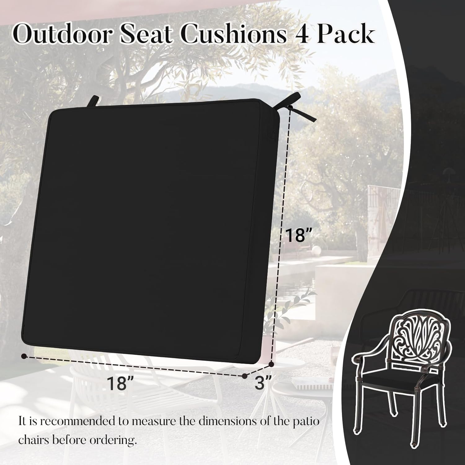 Basic Beyond Outdoor Chair Cushions for Patio Furniture, Waterproof Outdoor Seat Cushions Set of 4 18 x 18, Patio Chair Cushions Set of 4 with Ties and Handle, Black