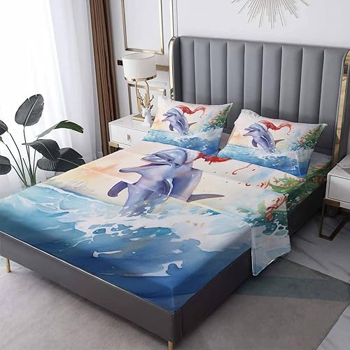 Sábanas Dolphin Split King para cama ajustable, sábanas de Navidad, sábanas estampadas y juego de 5 piezas, microfibra suave con bolsillo profundo,