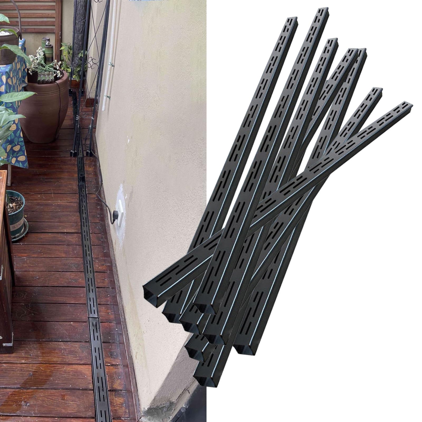 WQPMNYG Slim Black Metal Driveway Drain Grates - 8pcs Narrow Trench Drain System with 2 Outlets, Rectangular Channel Drain for Efficient Floor & Garden Water Management (2x2in/5x5cm)