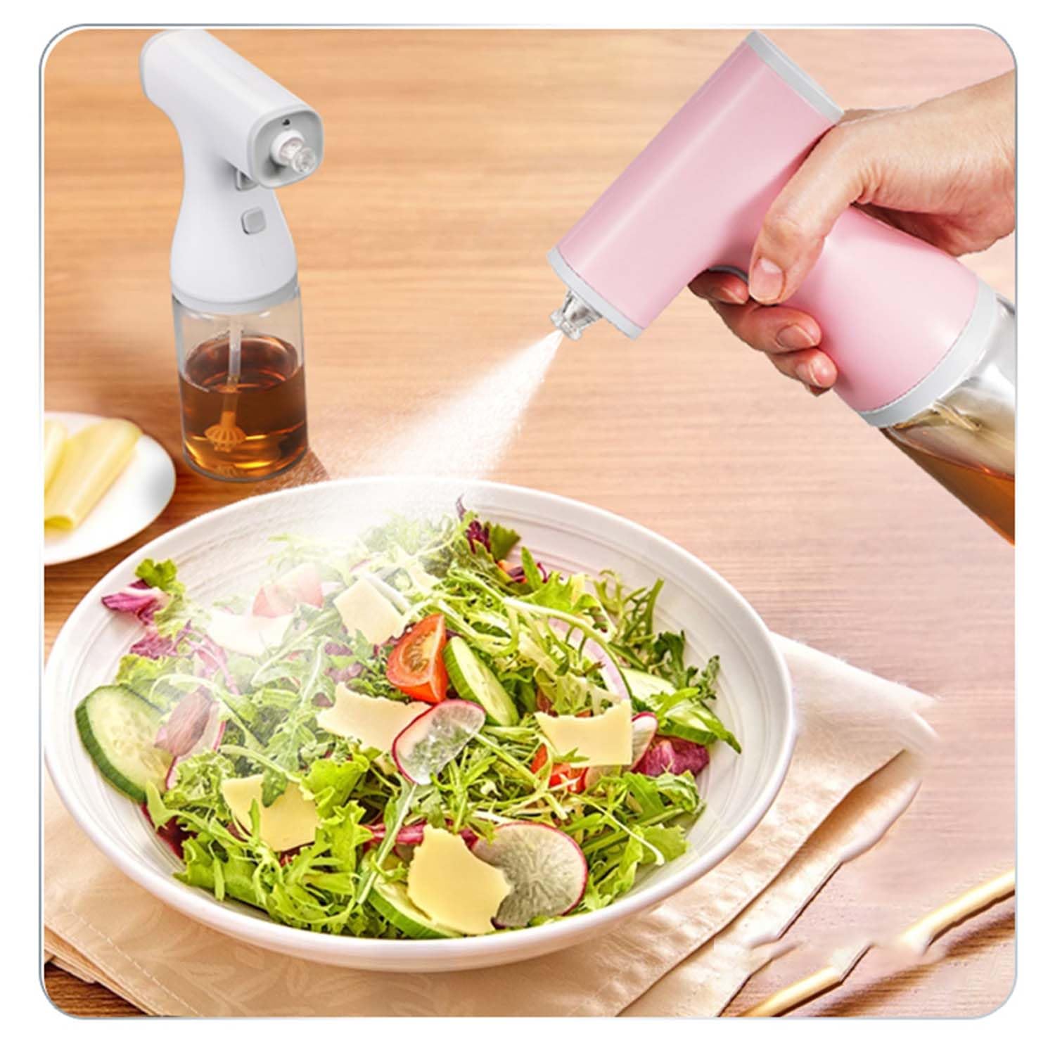 kzalzaci Electric Oil Sprayer Dispenser Automatic Olive Oil Misting Spray Stream Jet 9oz/260ml Glass Bottle for Cooking, Salad, Air Frying, Baking, BBQ, Built-in Rechargeable Battery (Pink)