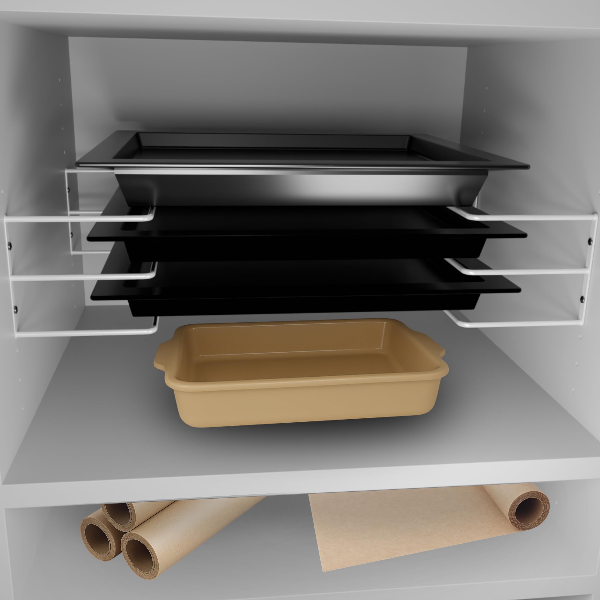 Backblechorganizer in weiß, Backblechhalter für 3 Backbleche passend für 60er-Hochschränke. Hochschrankbeschlag Küchenorganizer Backblechregal, Küchenregal