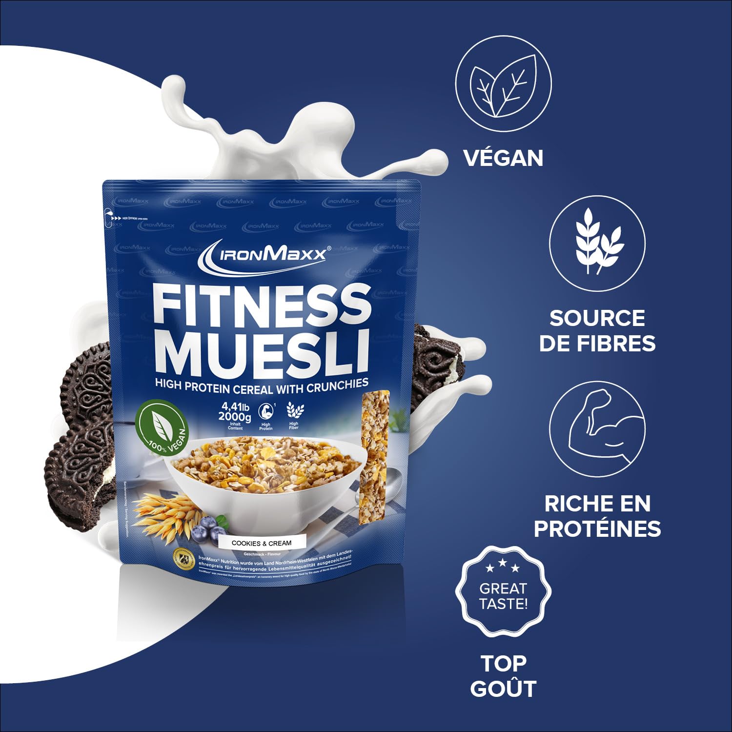 IronMaxx Muesli Fitness Cookies & crème 2 kg – muesli sans sucre ajouté, flocons d’avoine, céréales croustillantes, petit-déjeuner adapté au fitness et aux modes de vie actifs