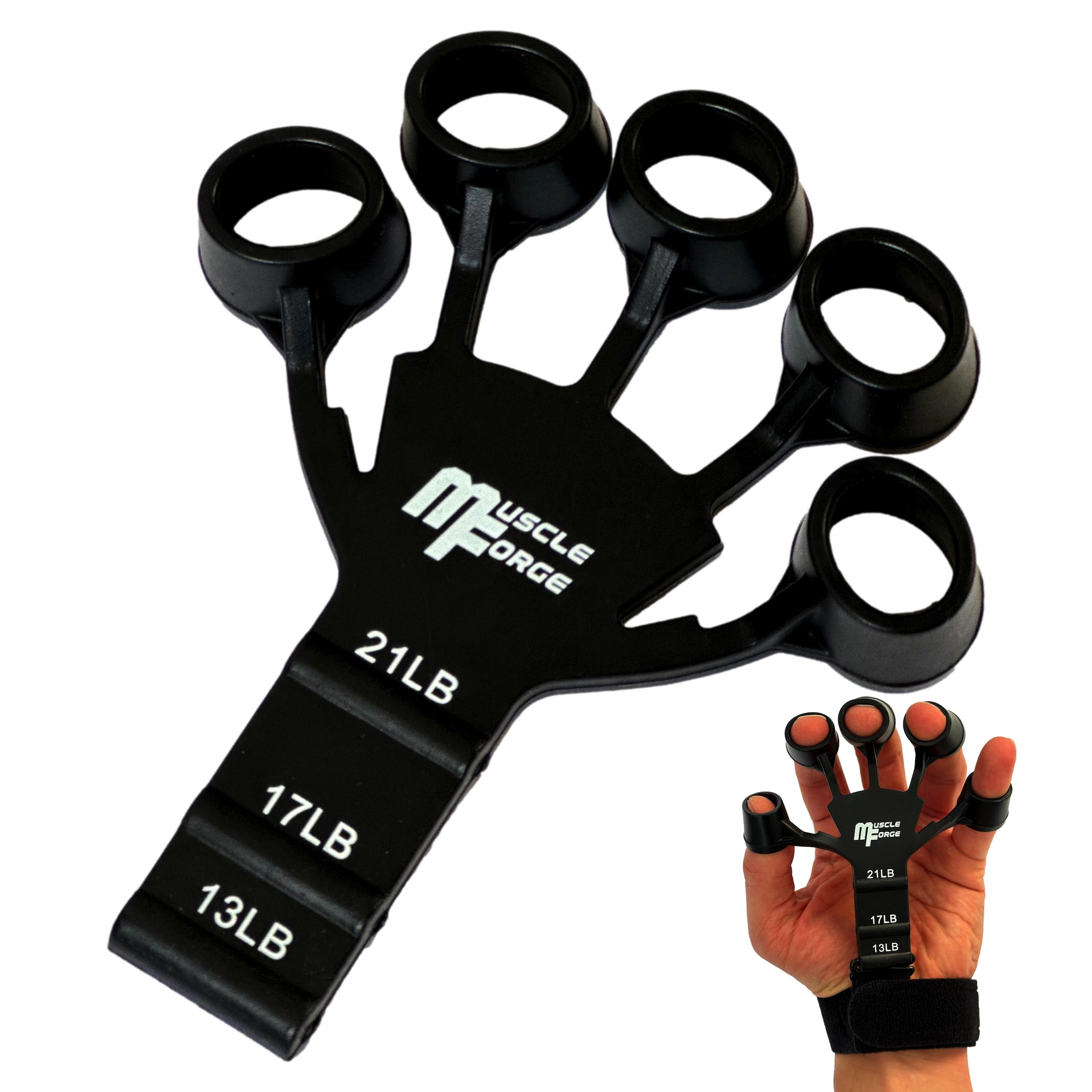 MuscleForge® Finger Trainer, Silicone Finger Extensor to Strengthen Grip, Gripper with 3 levels of adjustment 13-21 lb, Forearm and Finger Grip Strenghtener, Hand Grip