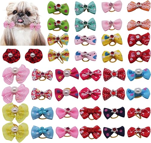 Ewanda store 60 lazos para el pelo de perro, pares de perlas de diamantes de imitación, flores, topknot, lazos para perros, lazos para el pelo para