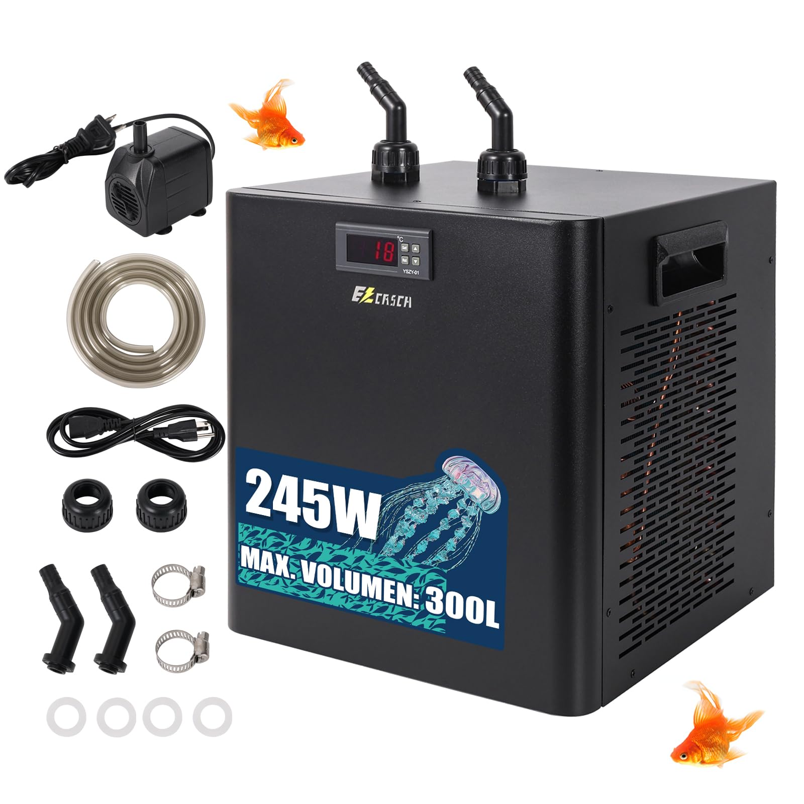 300L Wasserkühler Aquarium 245W Aquarium Kühler,Kühlsysteme für Fischbecken Aquaponic Garnelen Axolotl inkl. Schlauch und Haltering