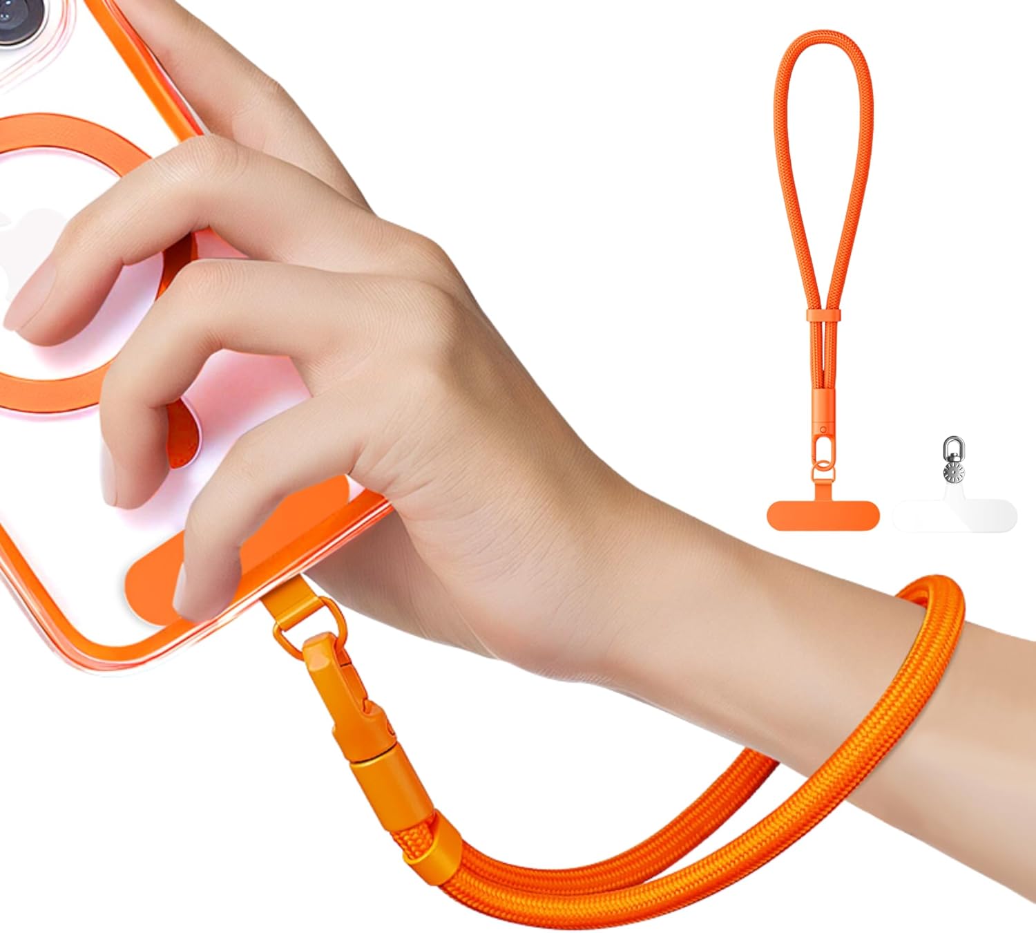 KEESOO Minimalist Wrist Strap Phone Lanyard with Adjustable Drop-Proof Design, 7mm Reinforced Climbing Rope Material, 2 Phone Tether Tabs (Matching Metal and Rotatable Clear) - Orange