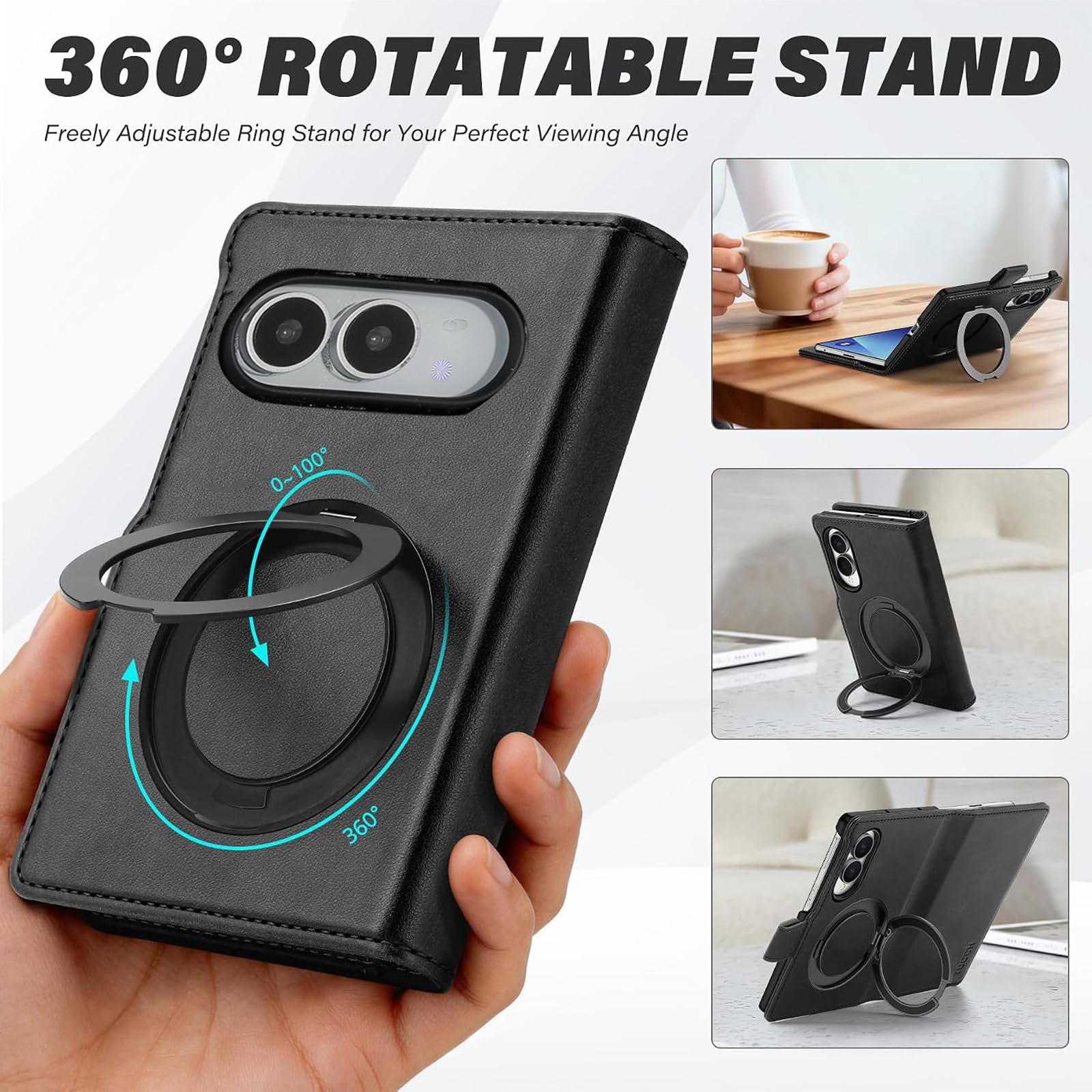 Custodia a portafoglio ultra pieghevole per telefono, con supporto, compatibile con MagSafe, cavalletto integrato, protezione per lo schermo e cerniera, in pelle con struttura in fibra di