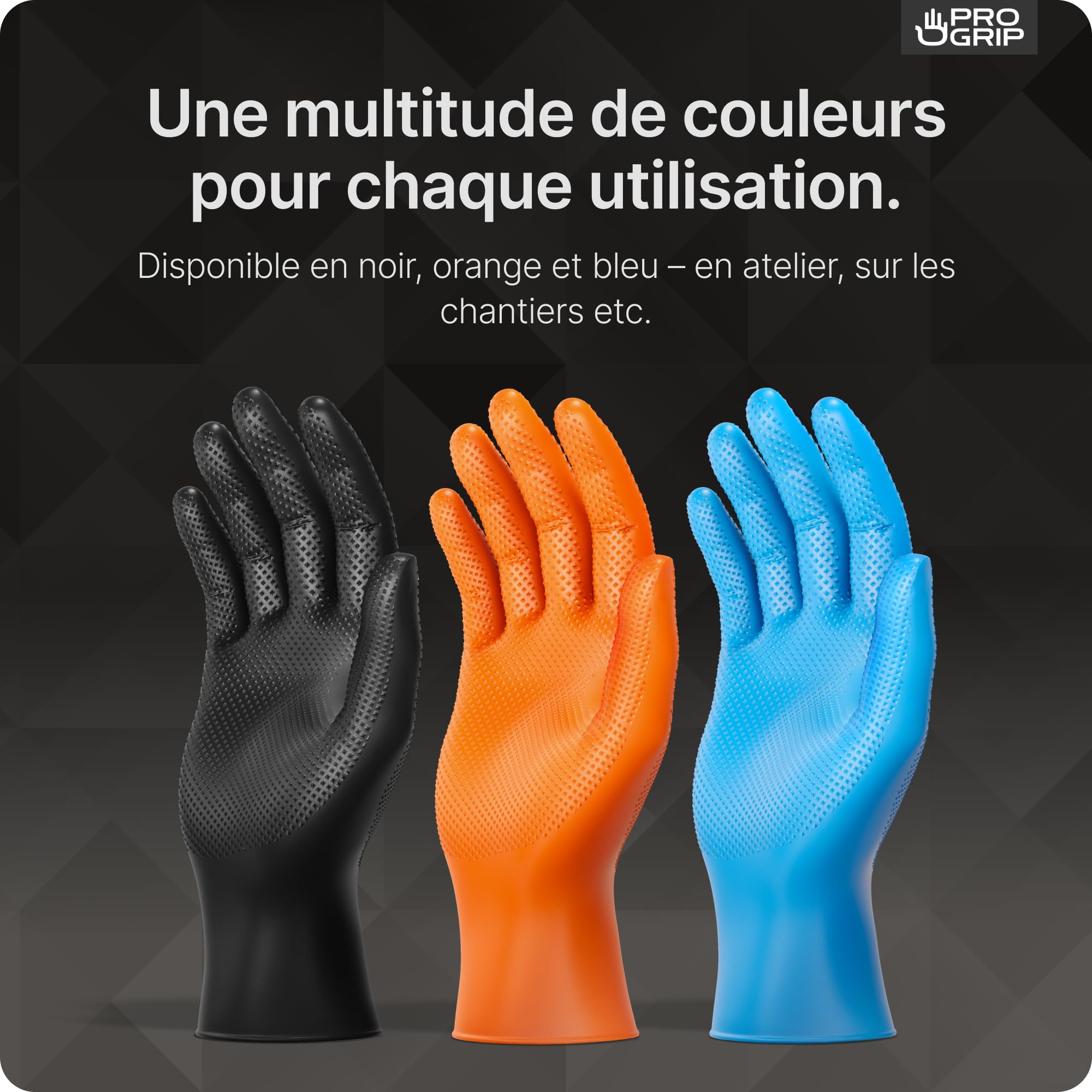 PROGRIP Gants nitrile taille L Noir double épaisseur texture diamantée usage unique atelier industrie montage