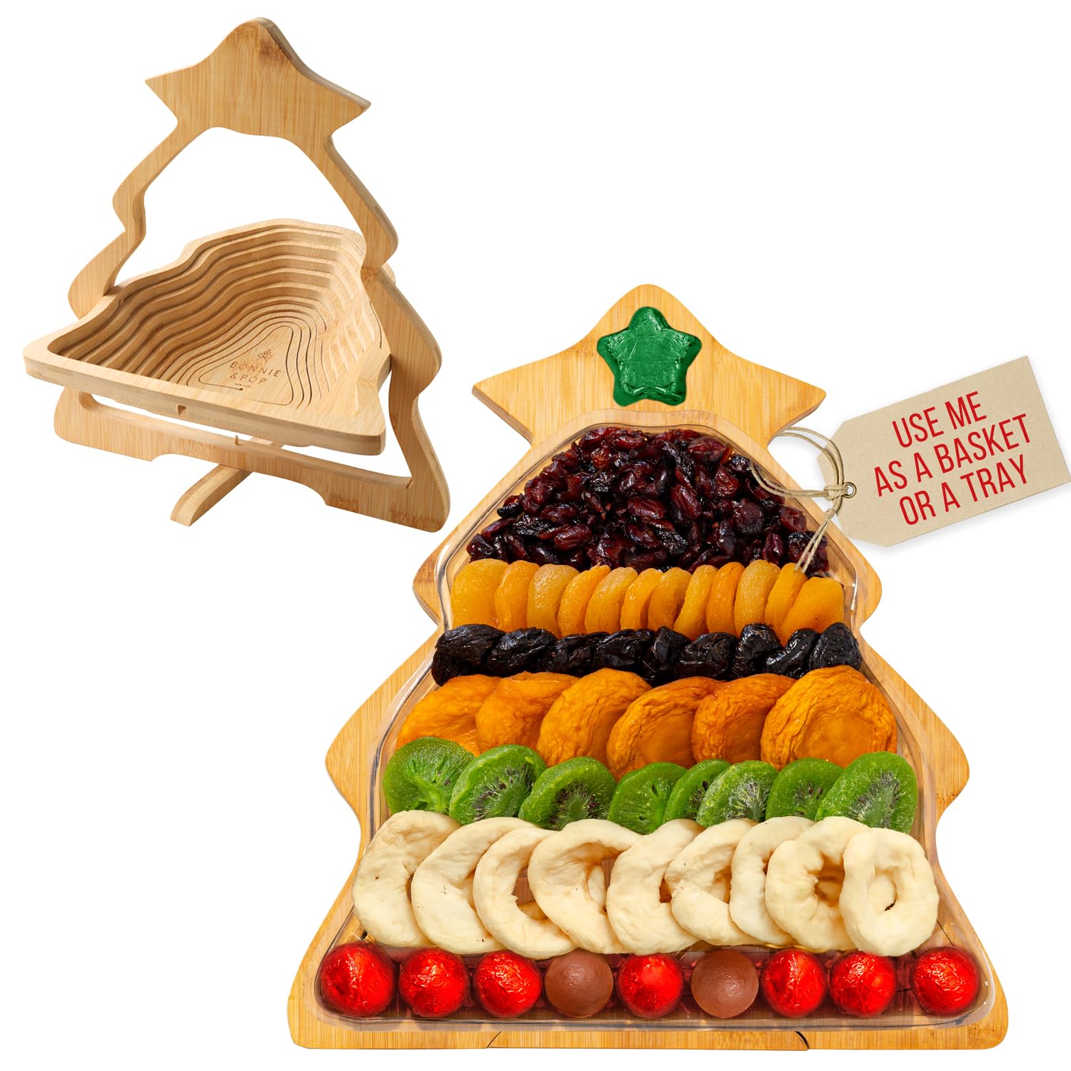 Fruit Gift Basket, Dried Fruit Christmas Tree Trivet Tray Assortment Christmas Tree | Great for Snacks, Healthy Gifts, Parties, Corporate, Sympathy, Holidays, Men, Women, Families | Bonnie and Pop